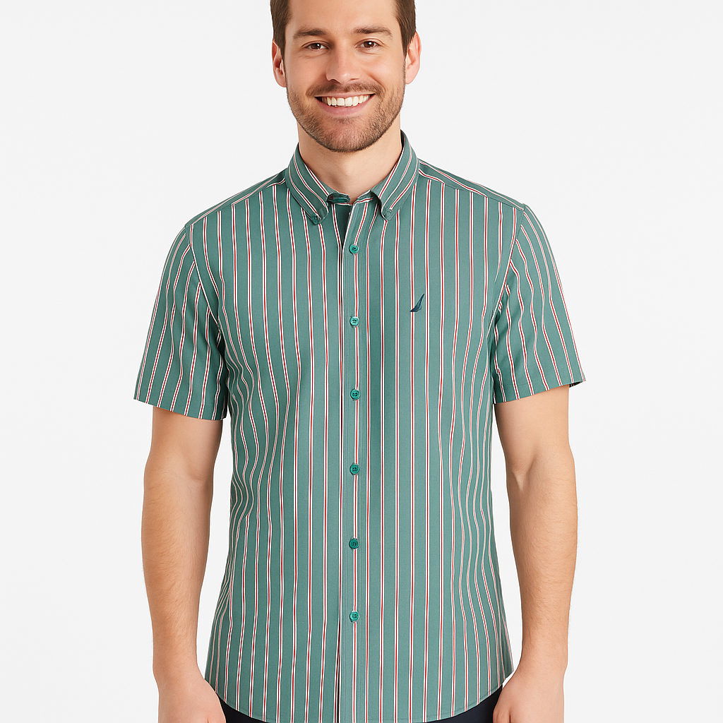 NAUTICA Forest Green Striped Slim Fit Short Sleeve Shirt