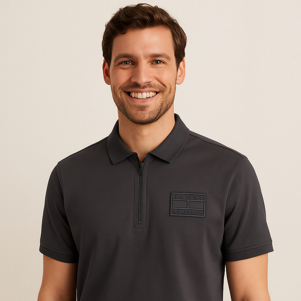 TOMMY HILFIGER Urban Charcoal Slate Organic Cotton Zip Polo