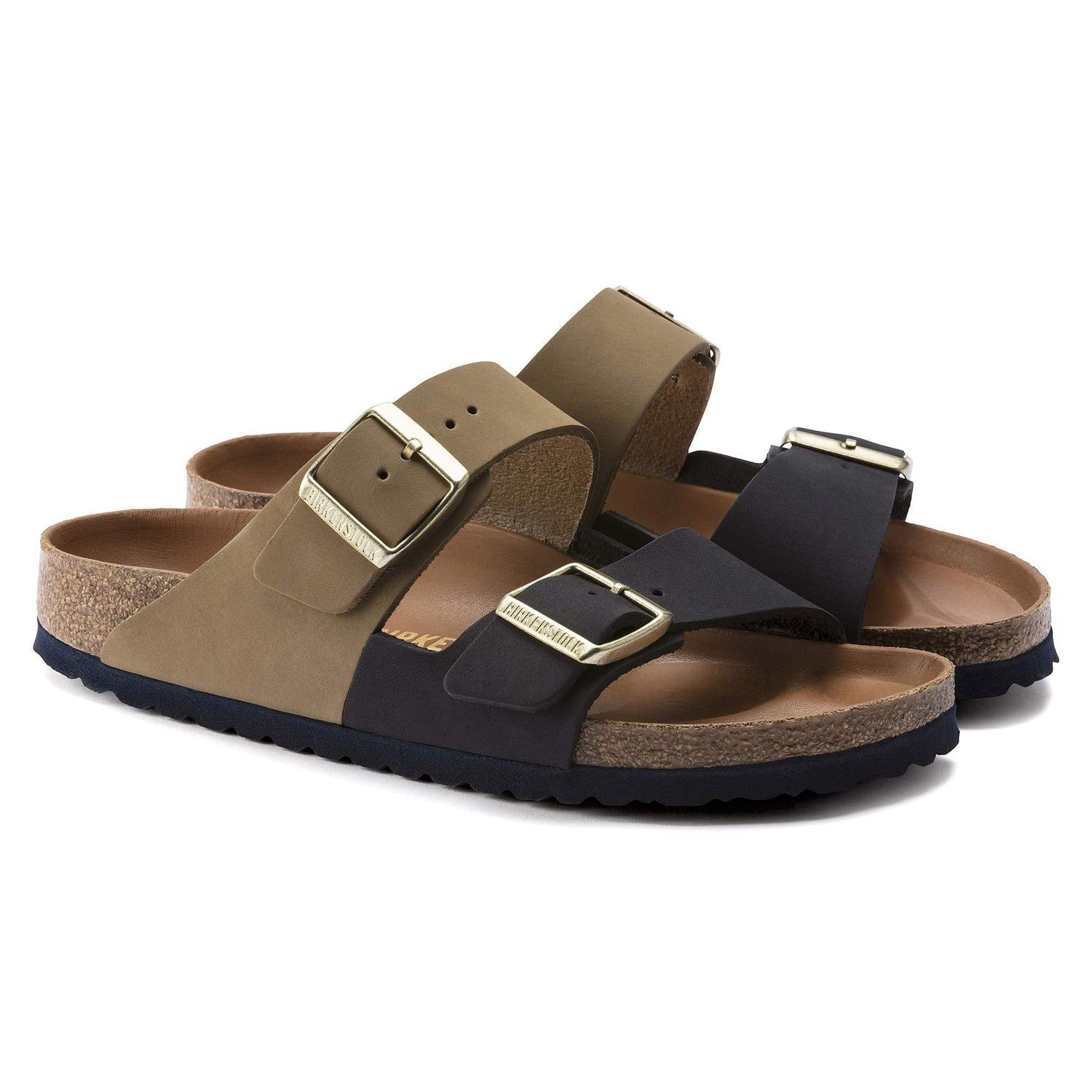 Birkenstock Elegant Earthy Two-Tone Buckled Sandals in Olive & Midnight