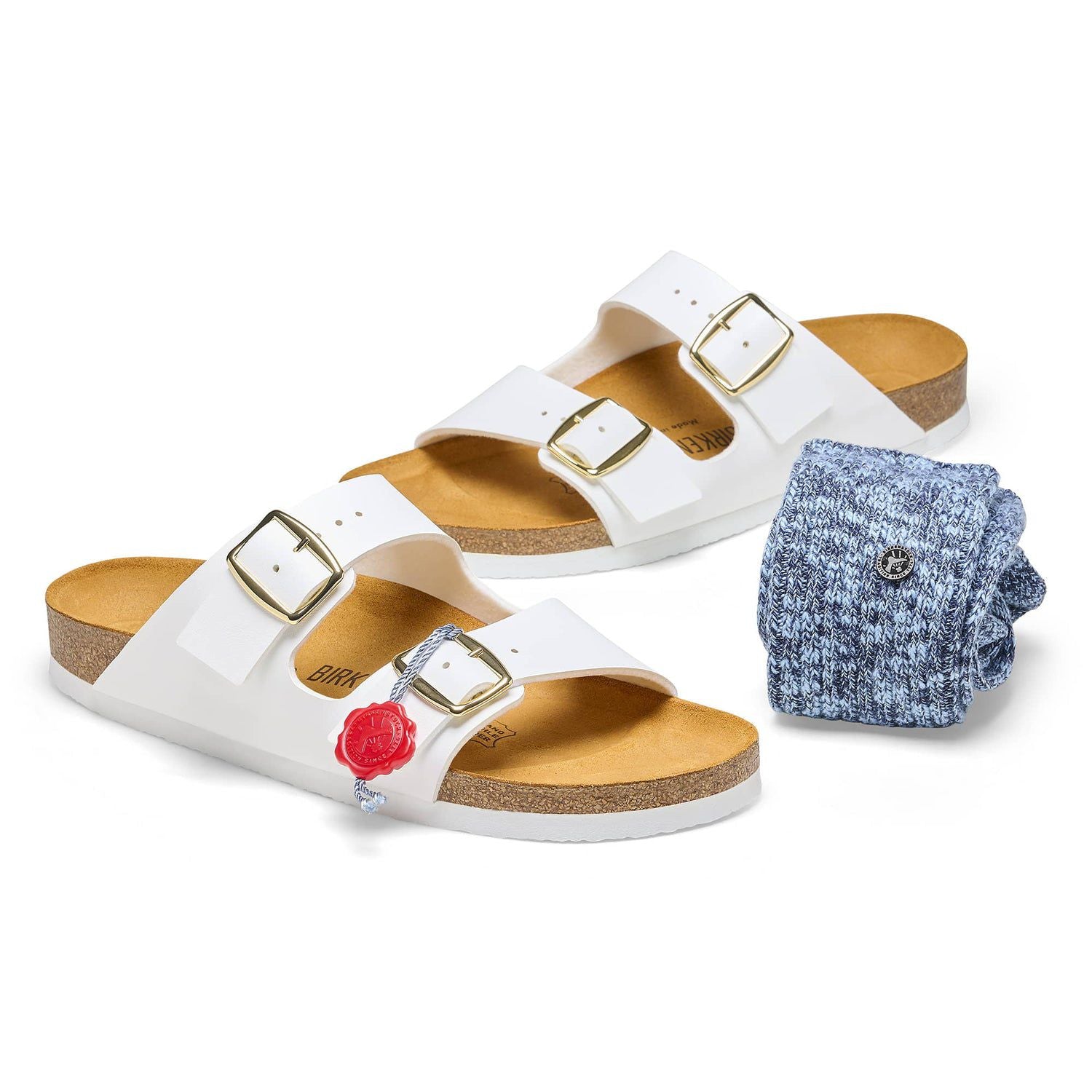 Birkenstock Classic White Leather Slide Sandals with Gold Buckles