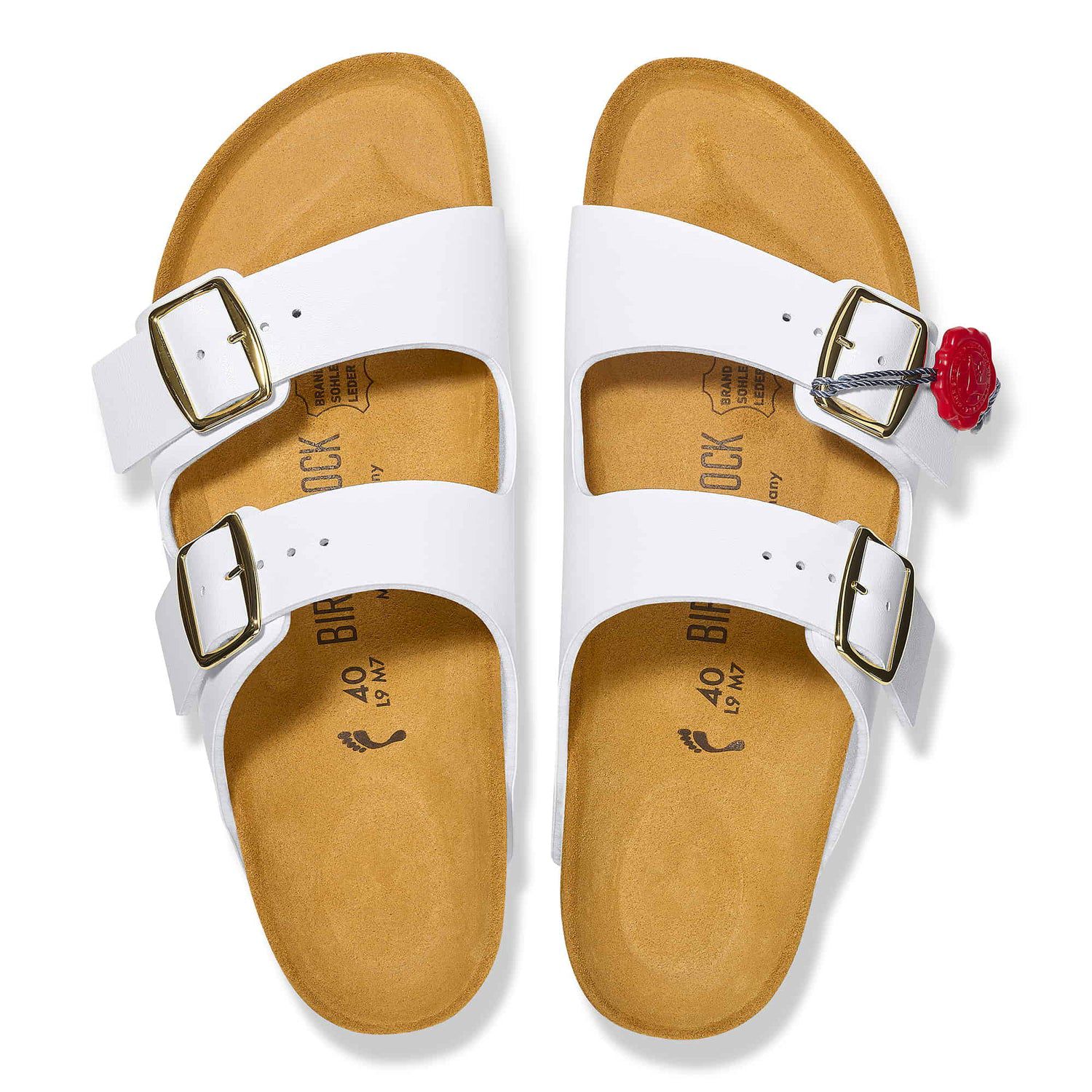 Birkenstock Classic White Leather Slide Sandals with Gold Buckles