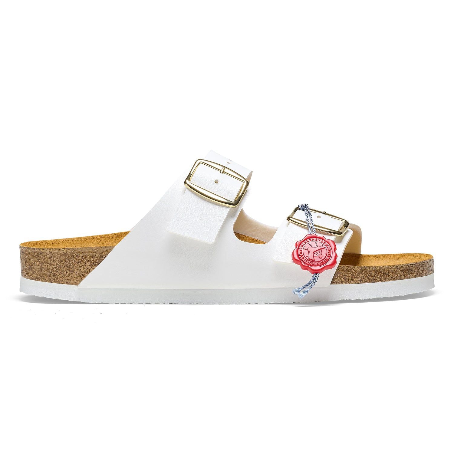 Birkenstock Classic White Leather Slide Sandals with Gold Buckles
