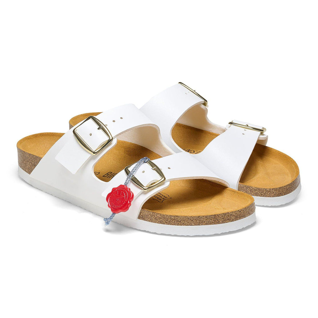 Birkenstock Classic White Leather Slide Sandals with Gold Buckles
