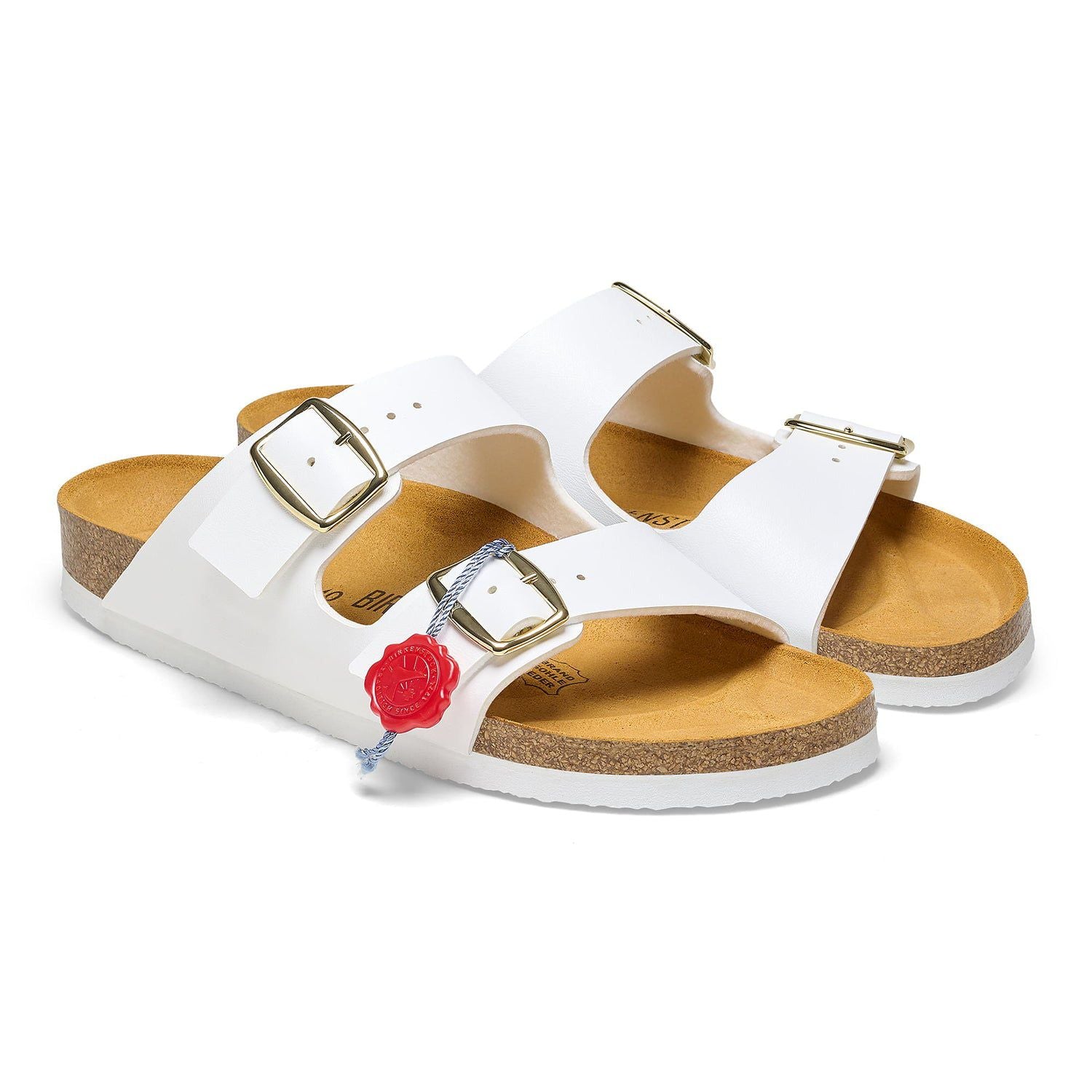 Birkenstock Classic White Leather Slide Sandals with Gold Buckles