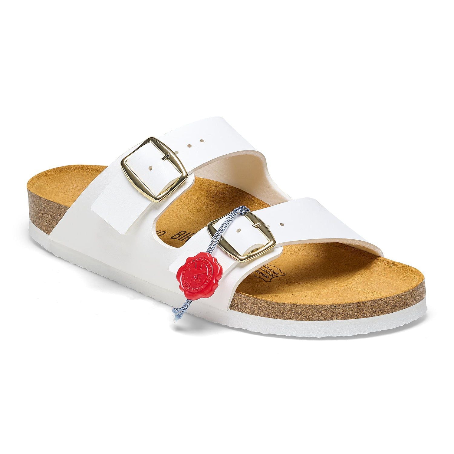 Birkenstock Classic White Leather Slide Sandals with Gold Buckles