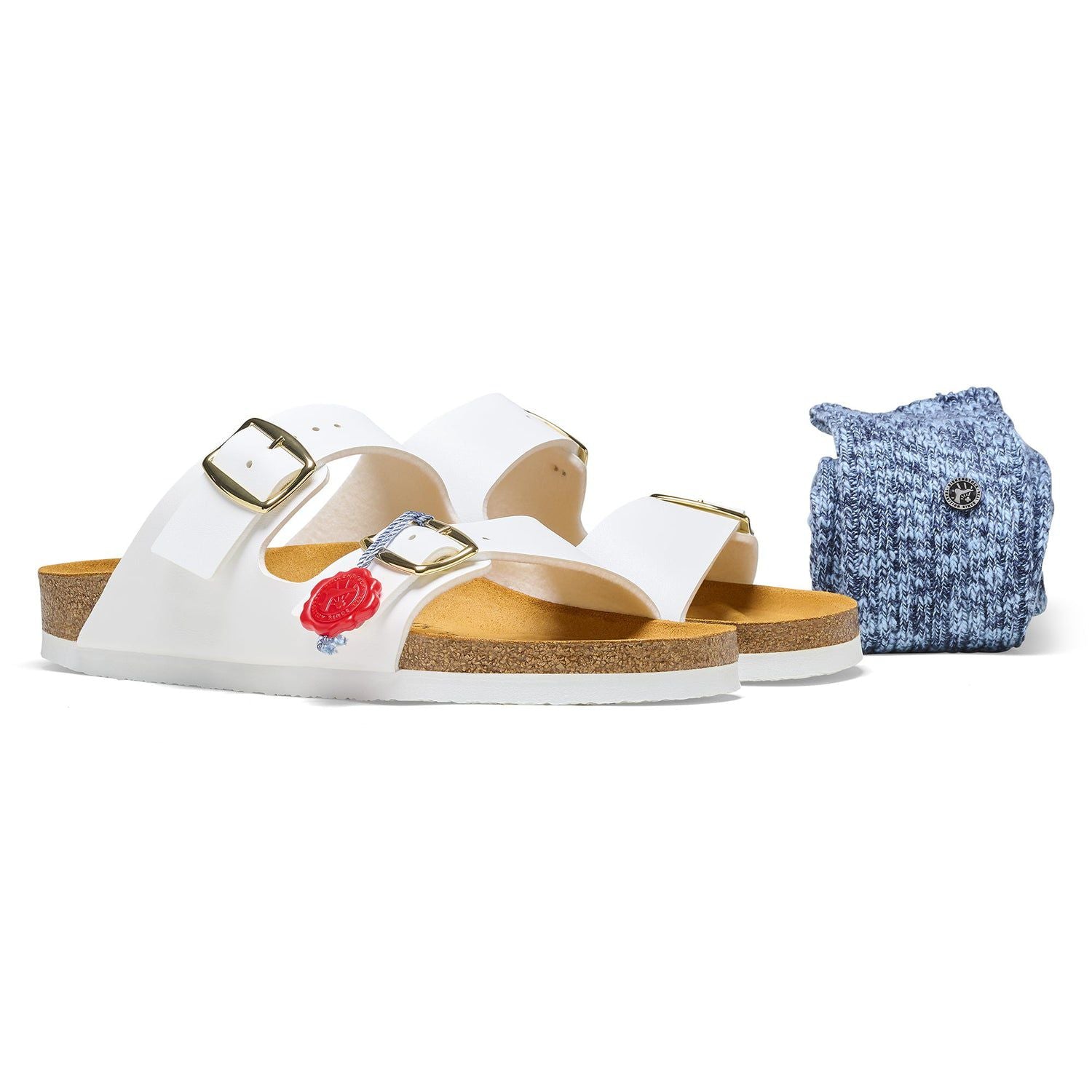 Birkenstock Classic White Leather Slide Sandals with Gold Buckles