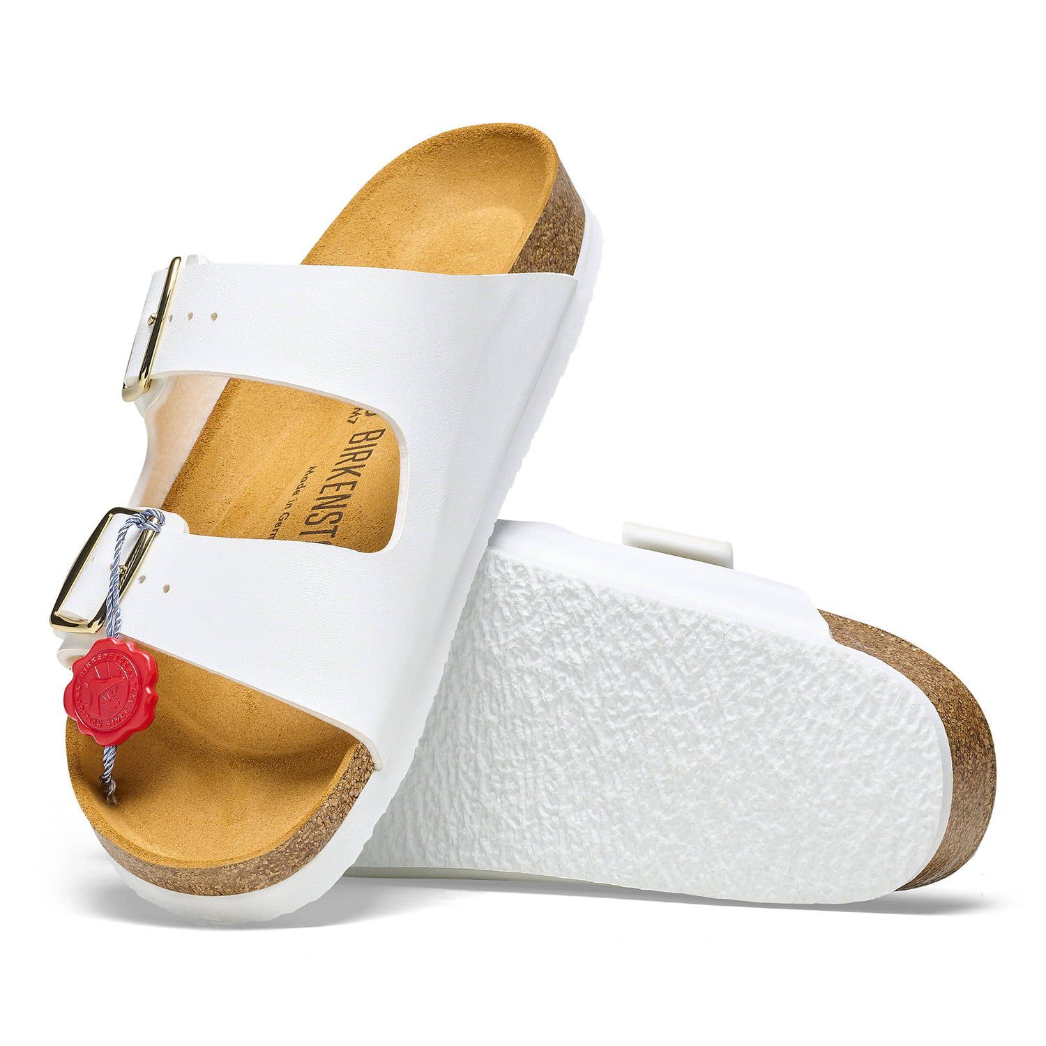 Birkenstock Classic White Leather Slide Sandals with Gold Buckles