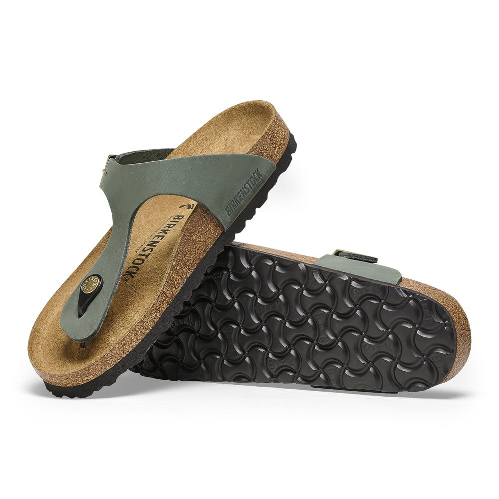 Birkenstock Elegant Olive Green Leather Flip-Flops with Luxurious Comfort