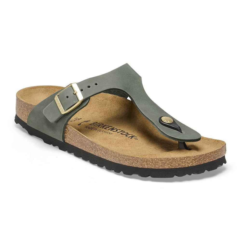 Birkenstock Elegant Olive Green Leather Flip-Flops with Luxurious Comfort