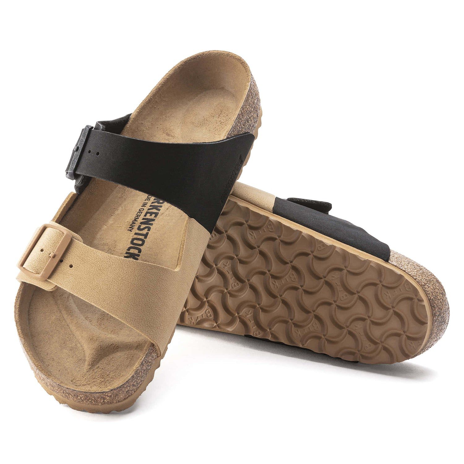 Birkenstock Stylish Duo-Tone Comfort Sandals in Earthy Tan and Midnight Black