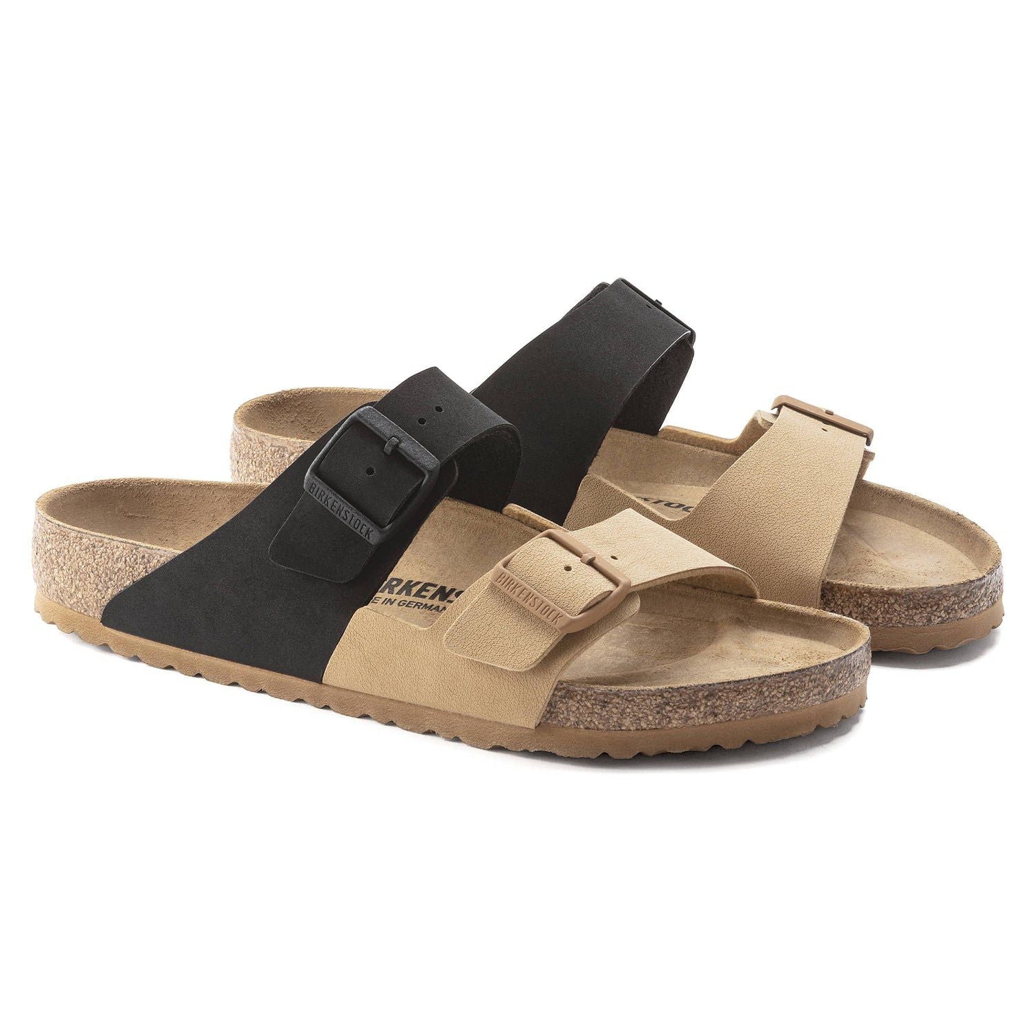 Birkenstock Stylish Duo-Tone Comfort Sandals in Earthy Tan and Midnight Black