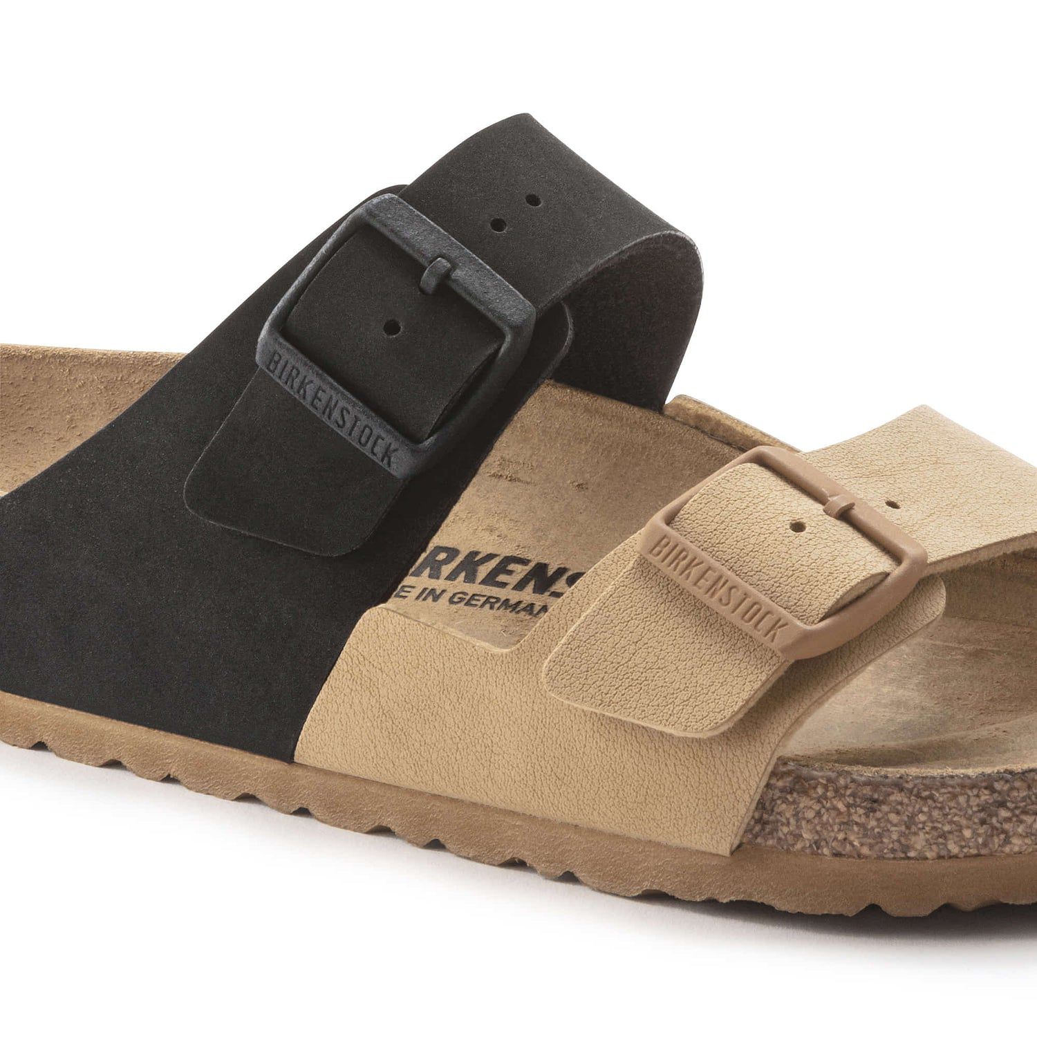 Birkenstock Stylish Duo-Tone Comfort Sandals in Earthy Tan and Midnight Black