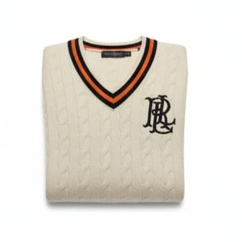 POLO RALPH LAUREN Soft Cream Tailored Fit V-Neck Cable Knit Sweater with Signature Trim