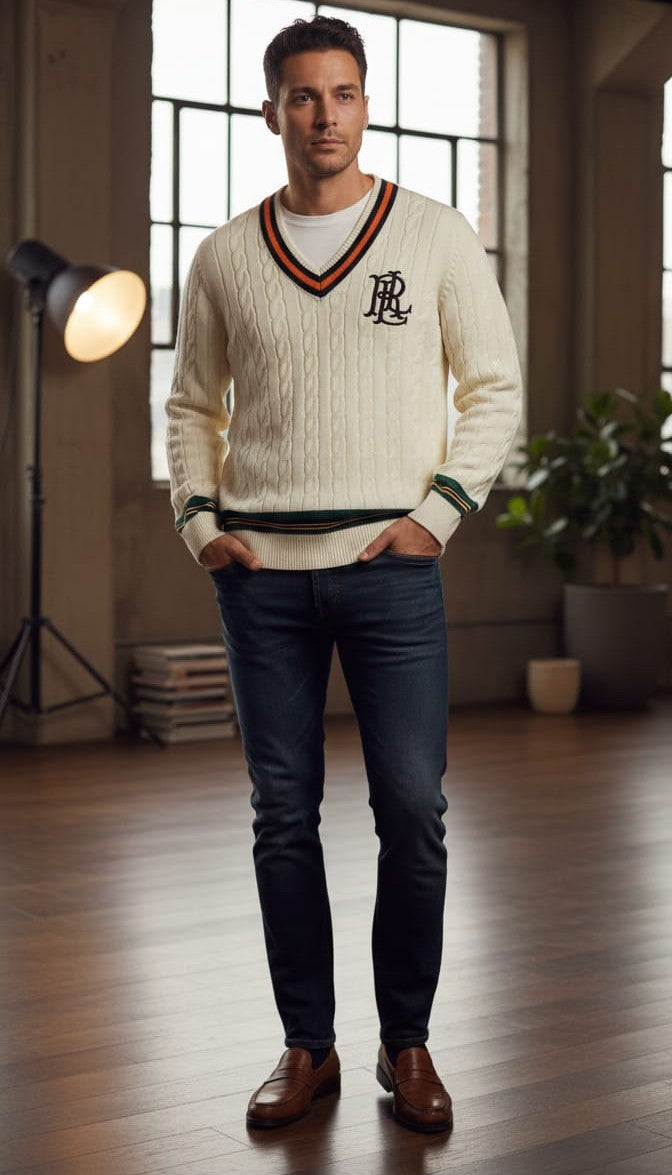 POLO RALPH LAUREN Soft Cream Tailored Fit V-Neck Cable Knit Sweater with Signature Trim