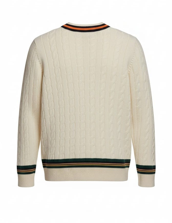 POLO RALPH LAUREN Soft Cream Tailored Fit V-Neck Cable Knit Sweater with Signature Trim
