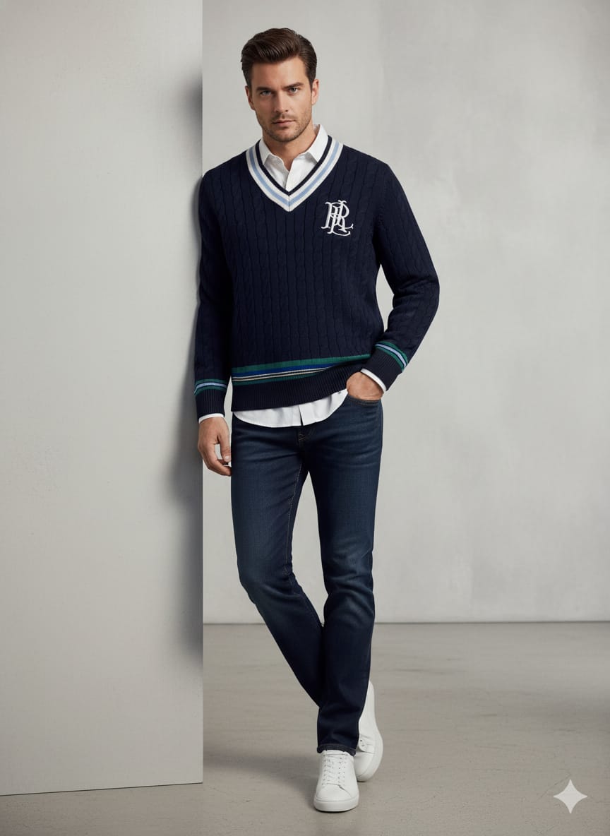 POLO RALPH LAUREN Starlight Teal Luxe Fit Cable-Knit V-Neck Sweater