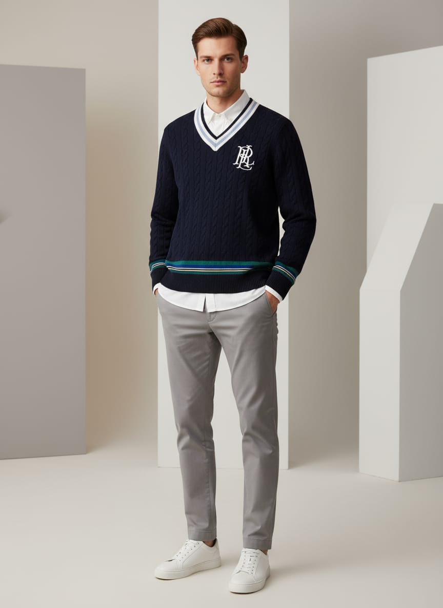 POLO RALPH LAUREN Starlight Teal Luxe Fit Cable-Knit V-Neck Sweater