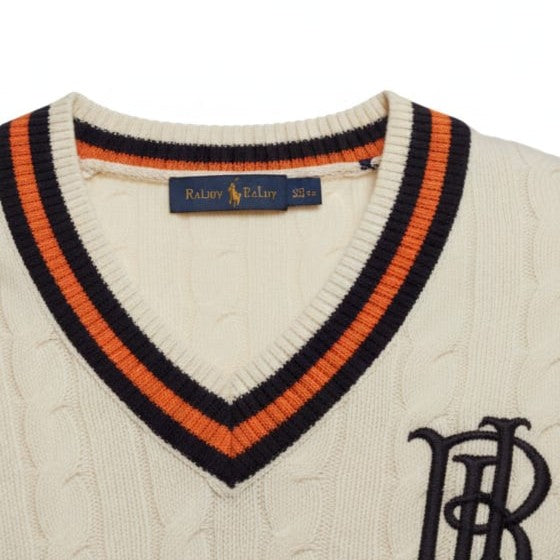 POLO RALPH LAUREN Soft Cream Tailored Fit V-Neck Cable Knit Sweater with Signature Trim