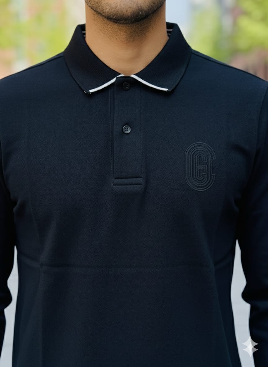 COACH Midnight Jet Tailored Fit Long Sleeve Piqué Polo Shirt