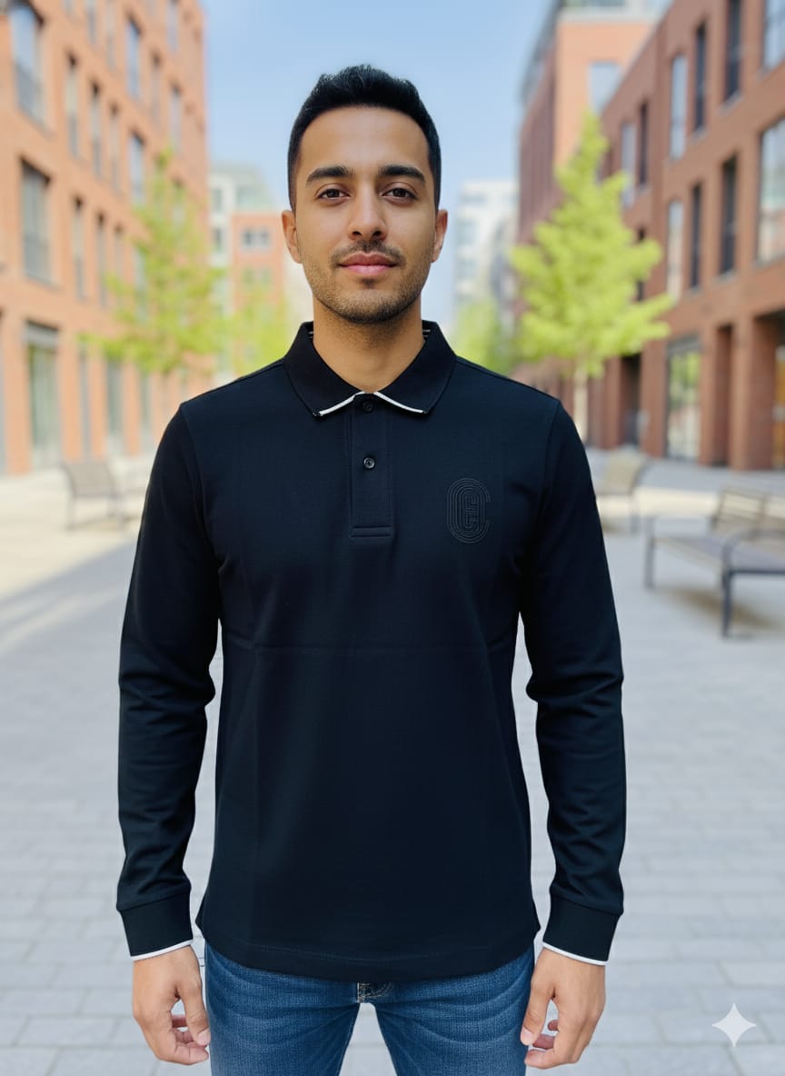 COACH Midnight Jet Tailored Fit Long Sleeve Piqué Polo Shirt