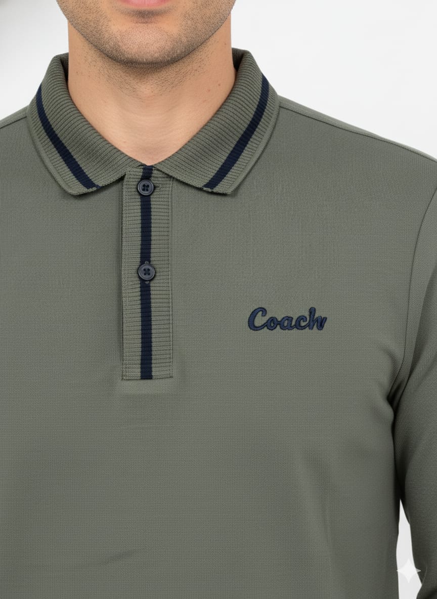 COACH Enchanted Sage Tailored Fit Long Sleeve Piqué Polo Shirt
