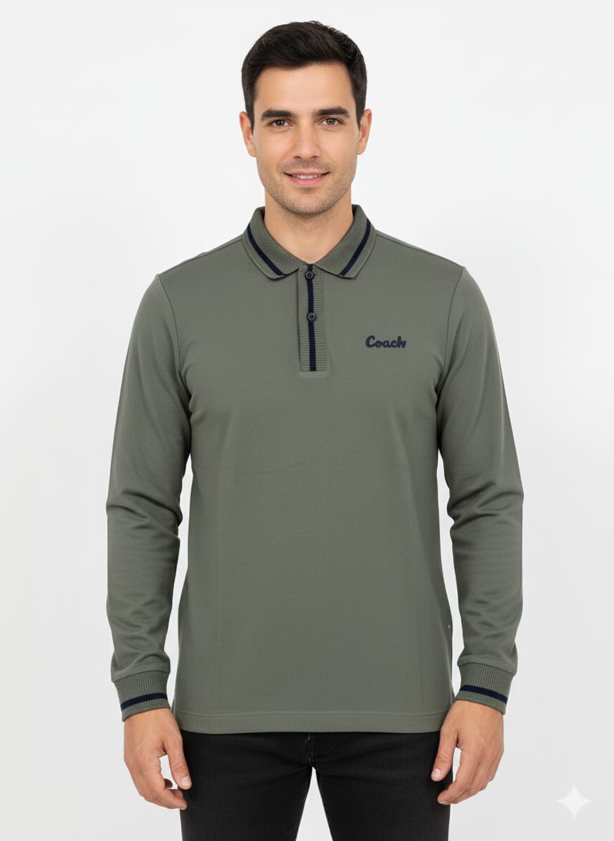 COACH Enchanted Sage Tailored Fit Long Sleeve Piqué Polo Shirt