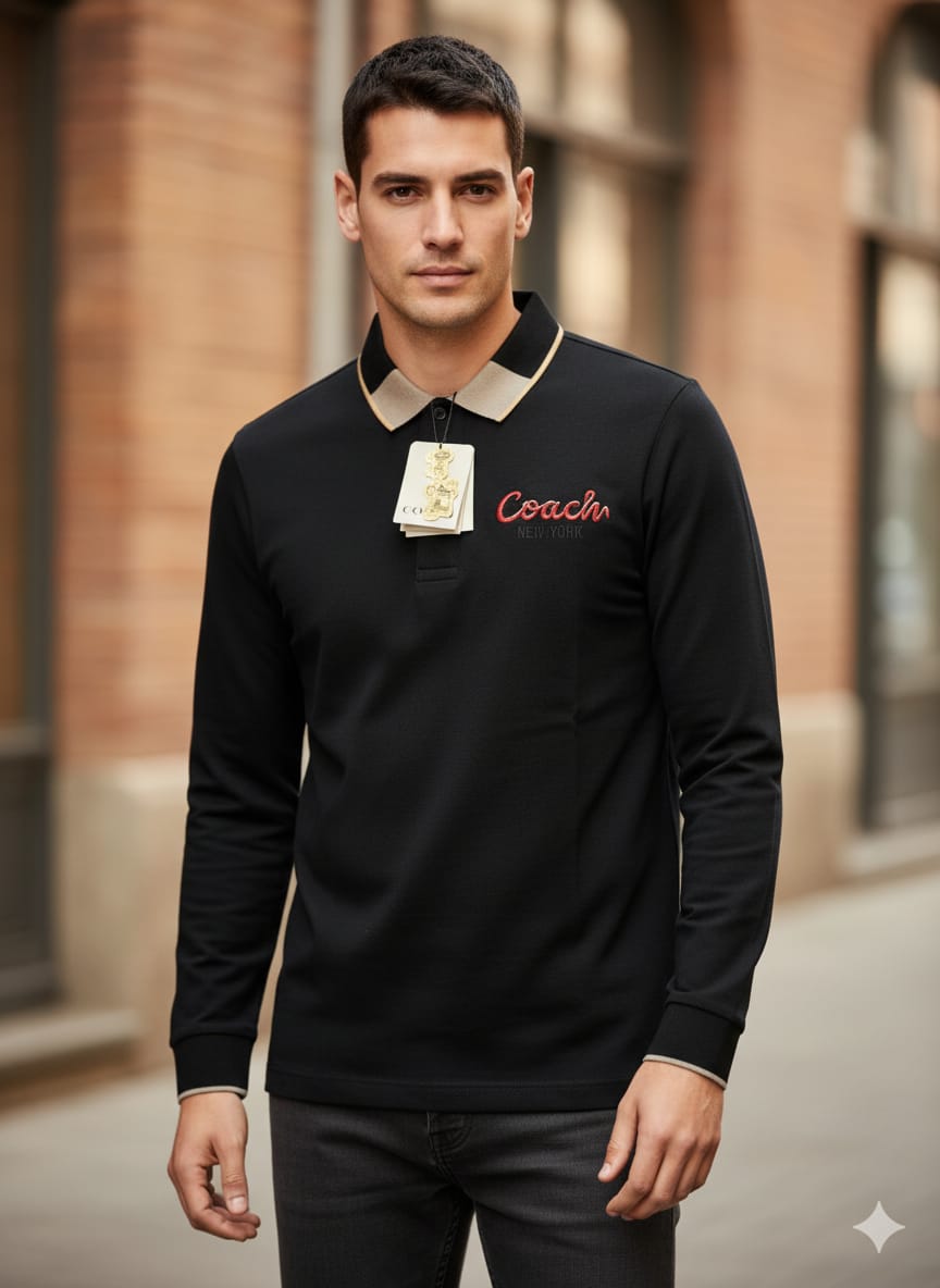 COACH Midnight Onyx Tailored Fit Long Sleeve Polo Shirt