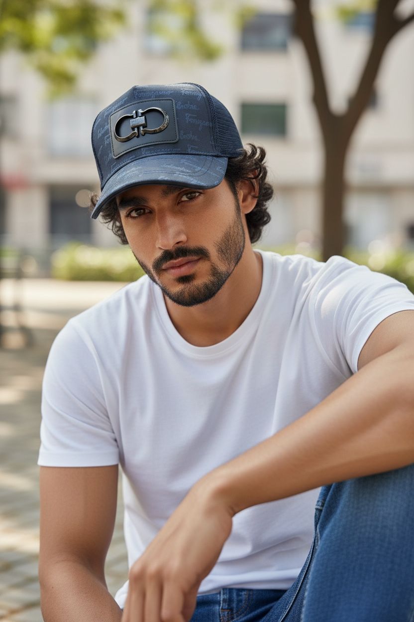 Salvatore Ferragamo Blue Designer Mesh Cap With Metal Logo