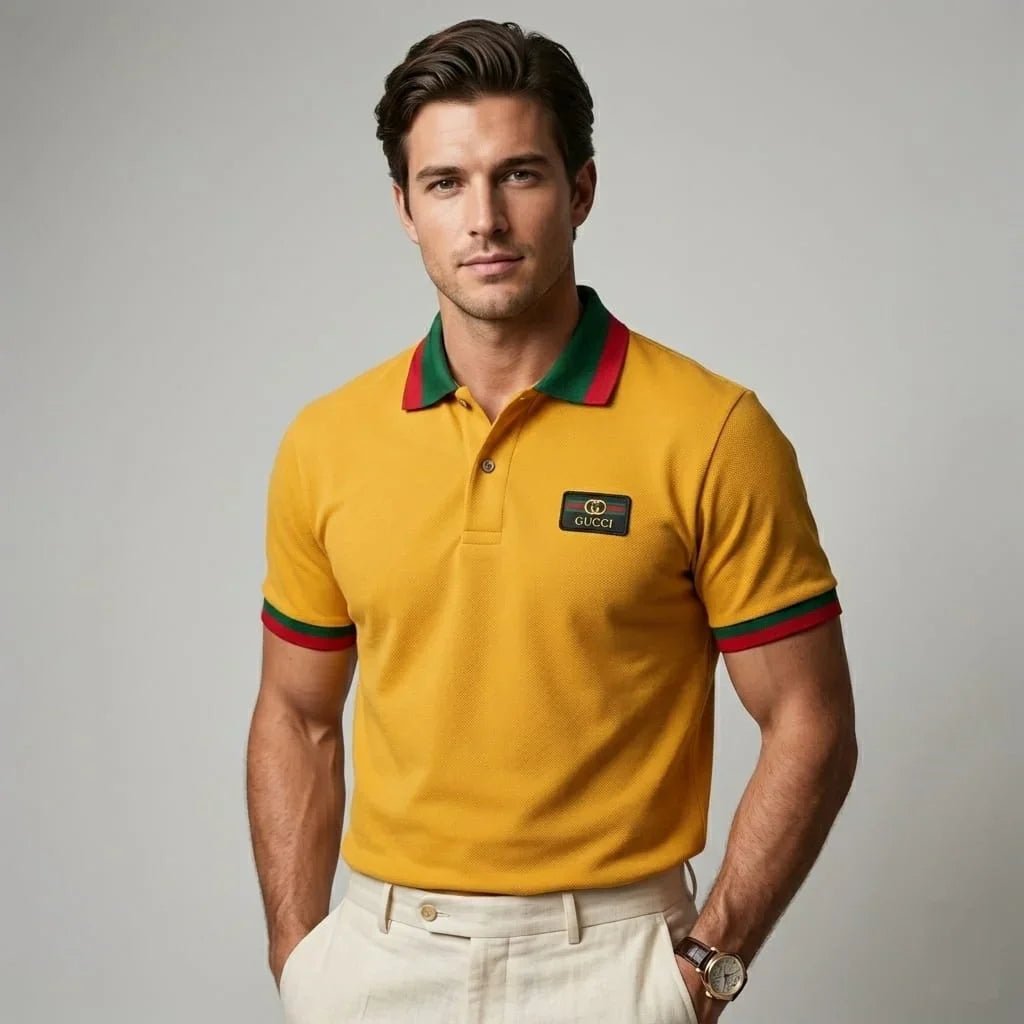 GUCCI Men's Pique Polo Shirt In Mustered Yellow