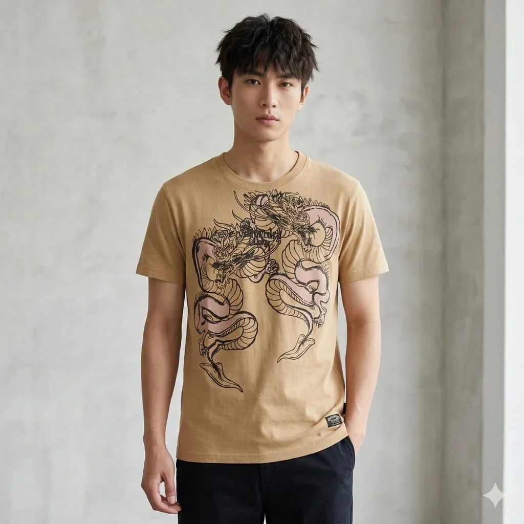 SUPERDRY Beige Dragon Graphic Cotton Lycra T-Shirt