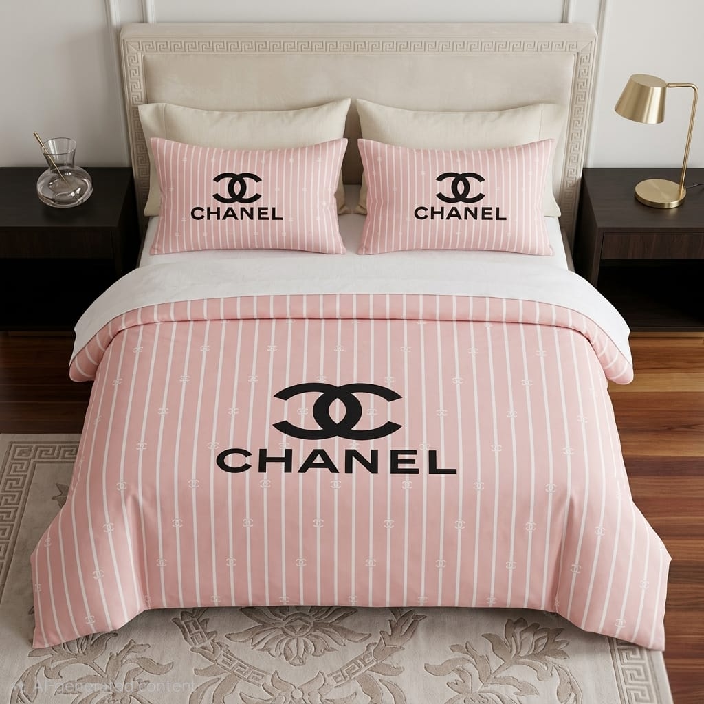 CHANEL Pink Striped Luxury Designer Bedding Set With Pillow Cover