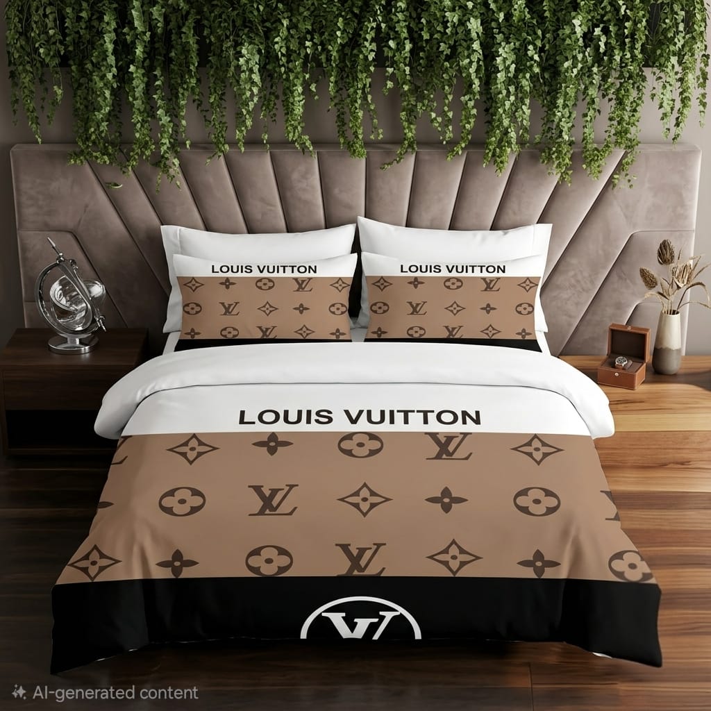Louis Vuitton Inspired Monogram Bedding Set with Pillow Cover