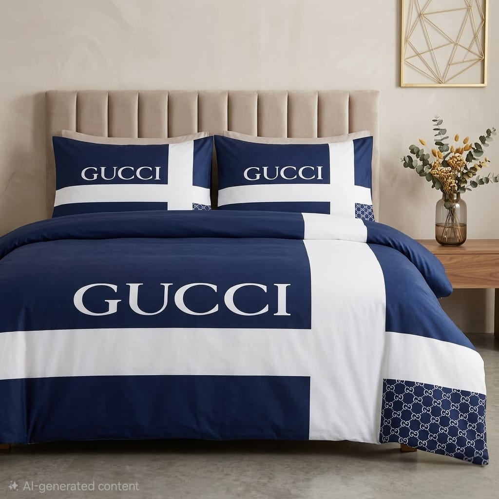 GUCCI Inspired Blue Luxury Bedsheet Set With Pillow Covers