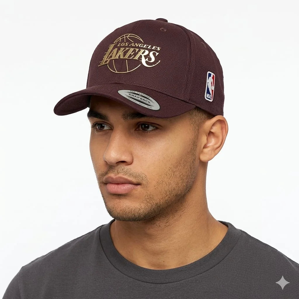 Lakers Metallic Gold Logo Snapback in Deep Maroon