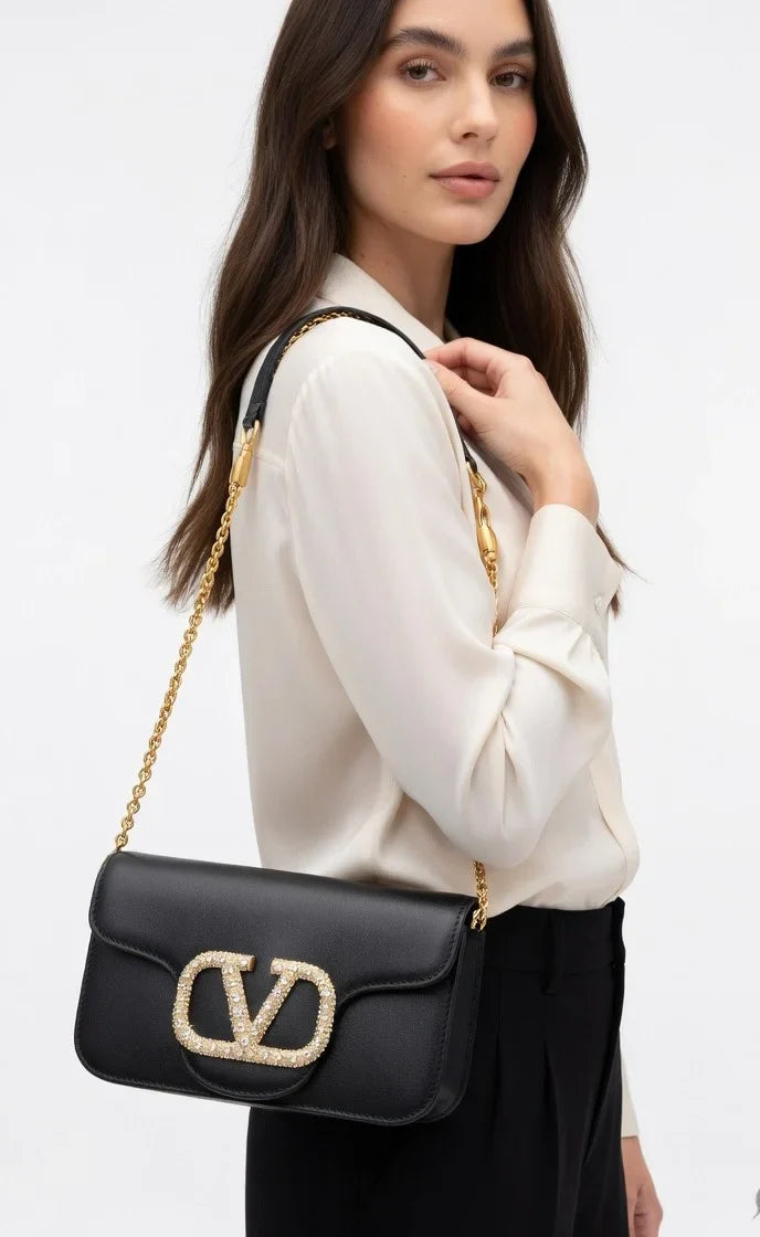 Valentino Glam Rock Crystal-Embellished Black Leather Crossbody Bag