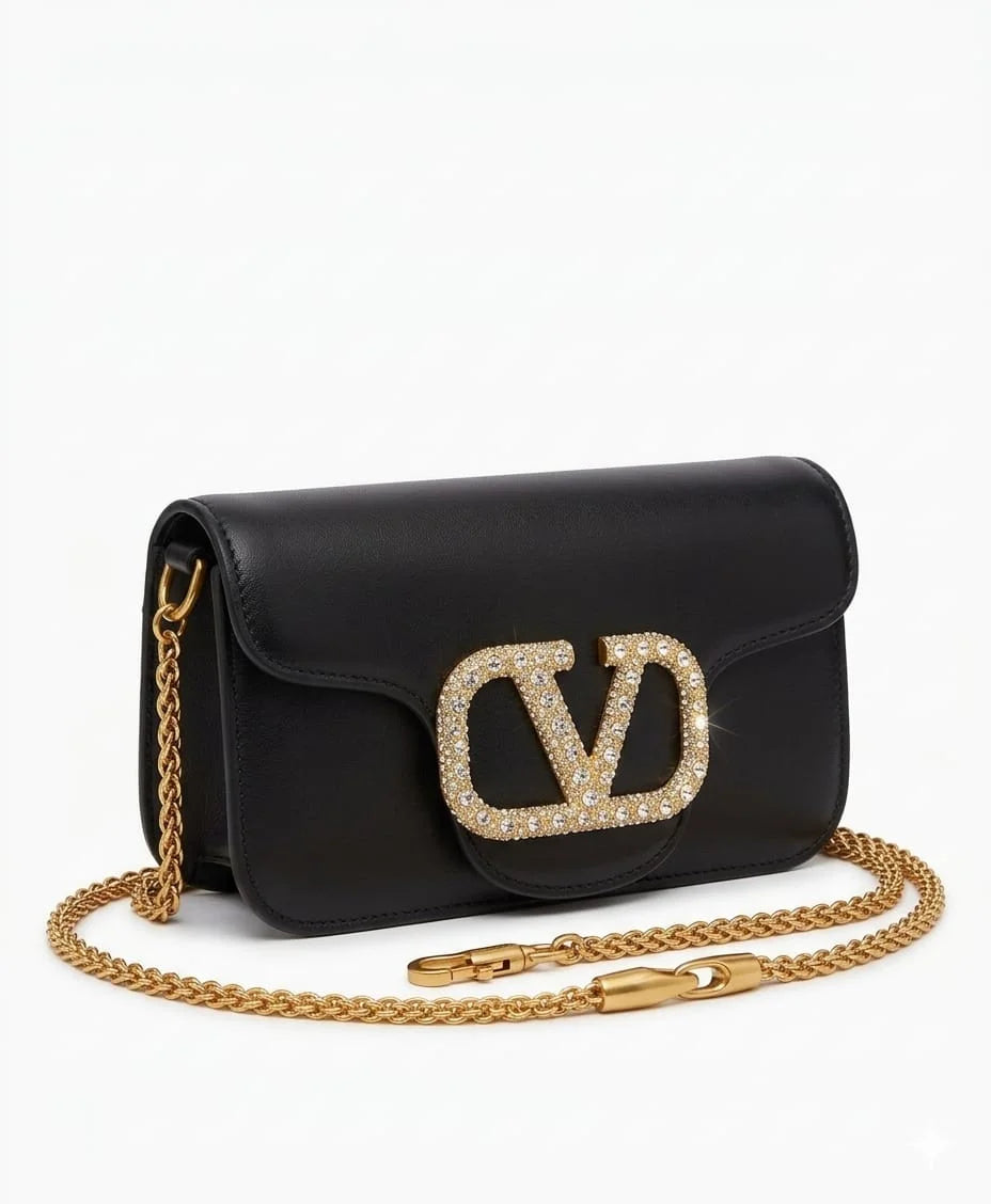Valentino Glam Rock Crystal-Embellished Black Leather Crossbody Bag