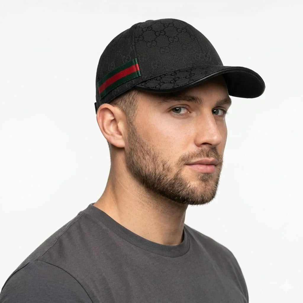 Gucci Monogram Black Baseball Cap with Web Stripe