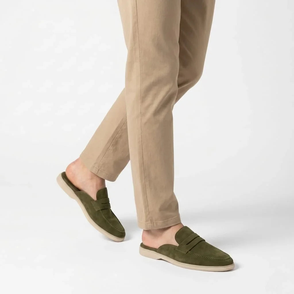 Loro Piana Suede Slip-On Loafers in Olive Green