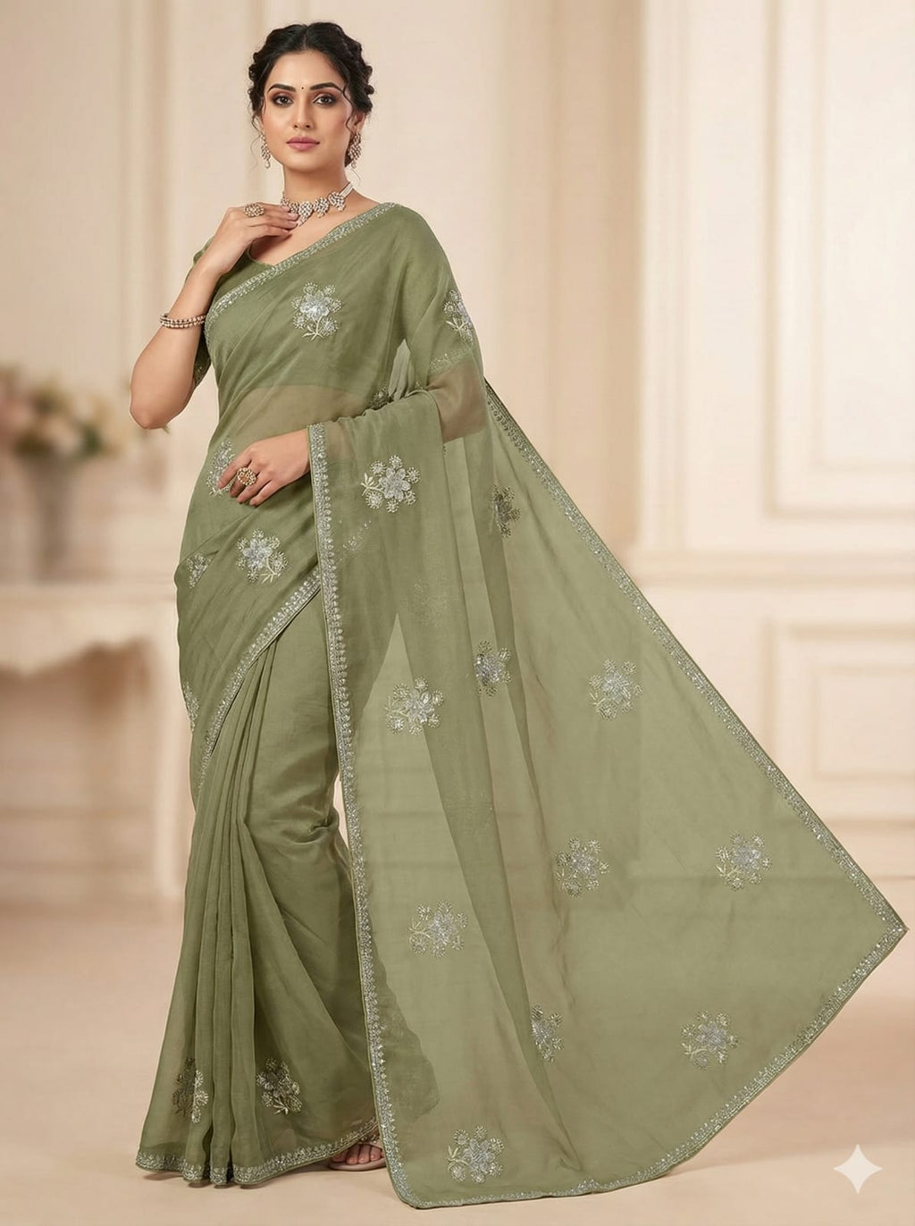 Elegant Attire Embroidered Chiffon Saree in Olive Green