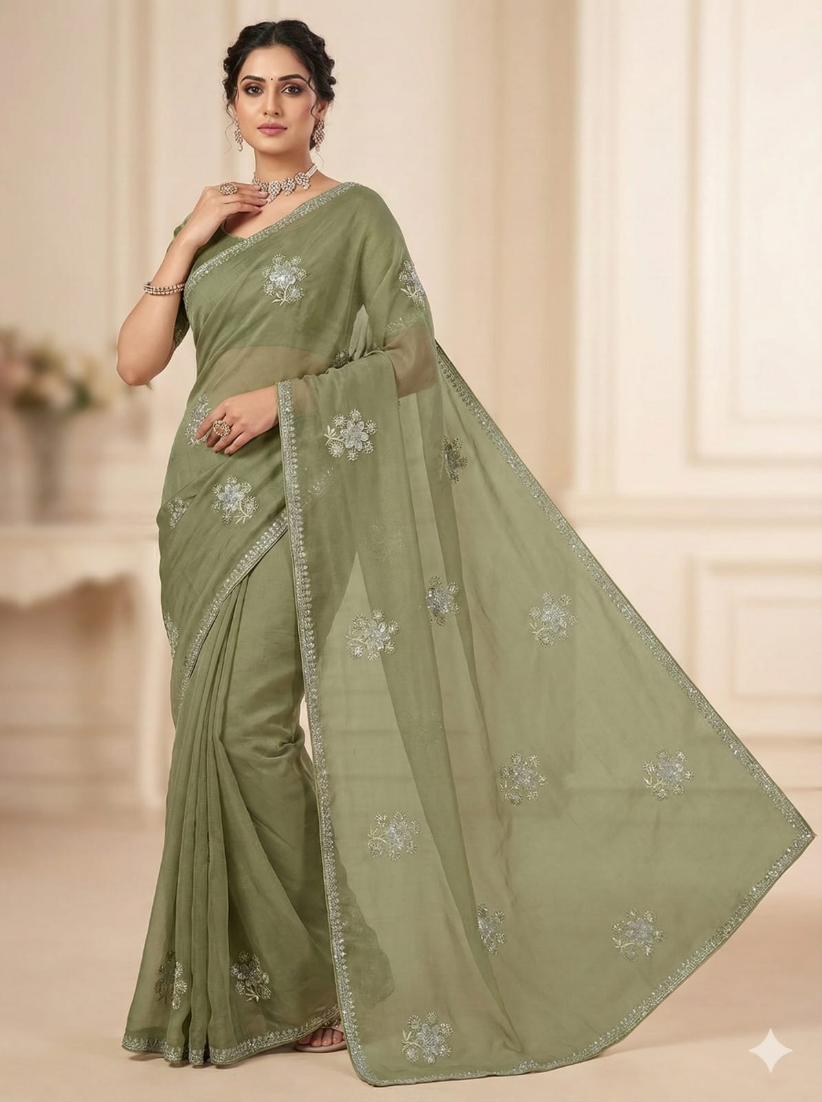 Elegant Attire Embroidered Chiffon Saree in Olive Green