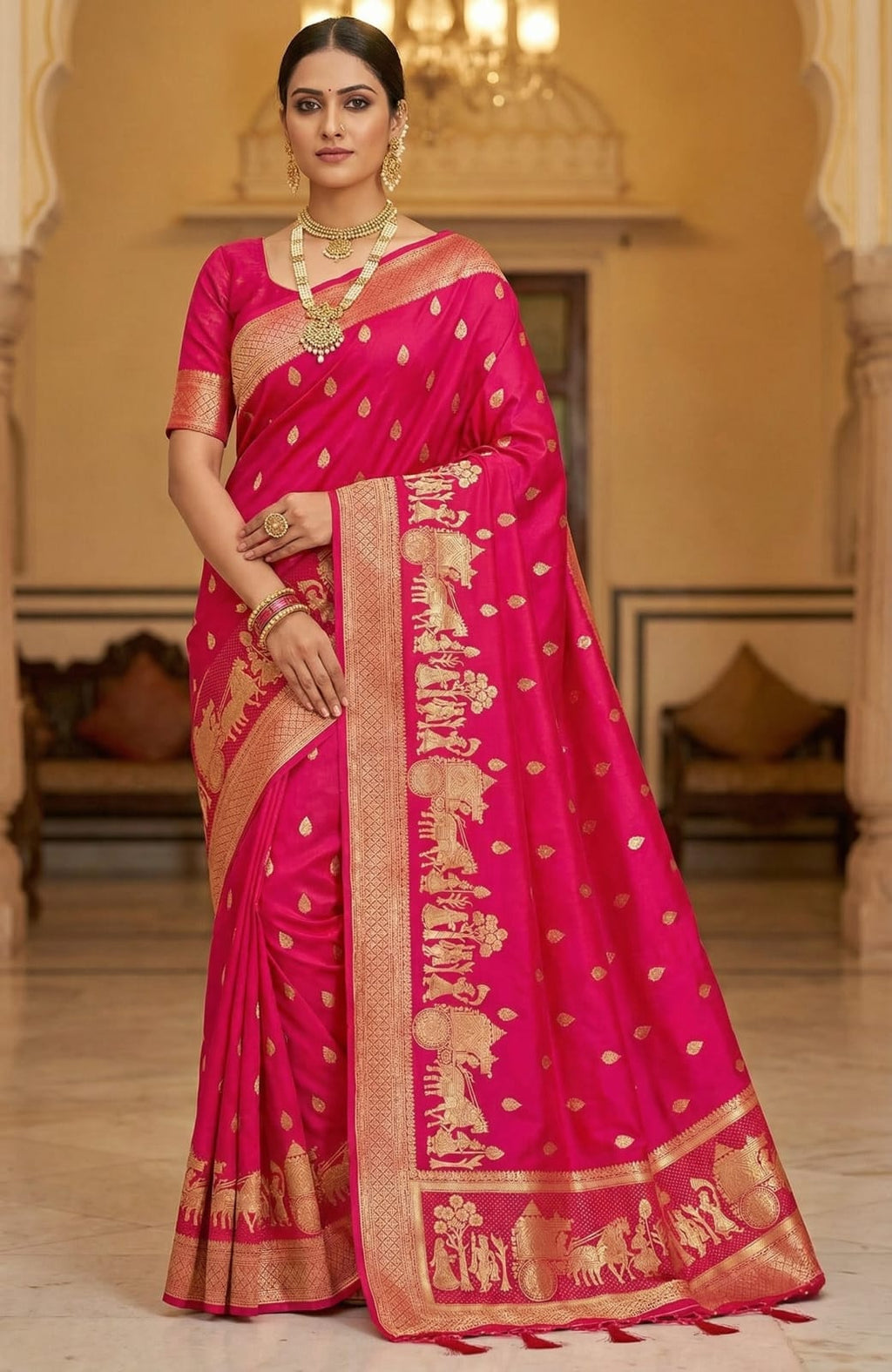 Elegant Drapes Traditional Pink Silk Saree with Gold Embroidery