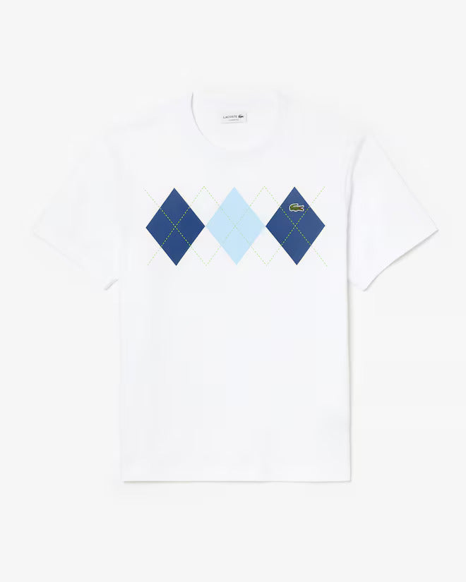 LACOSTE Cloud White Argyle Graphic Short Sleeve Tee