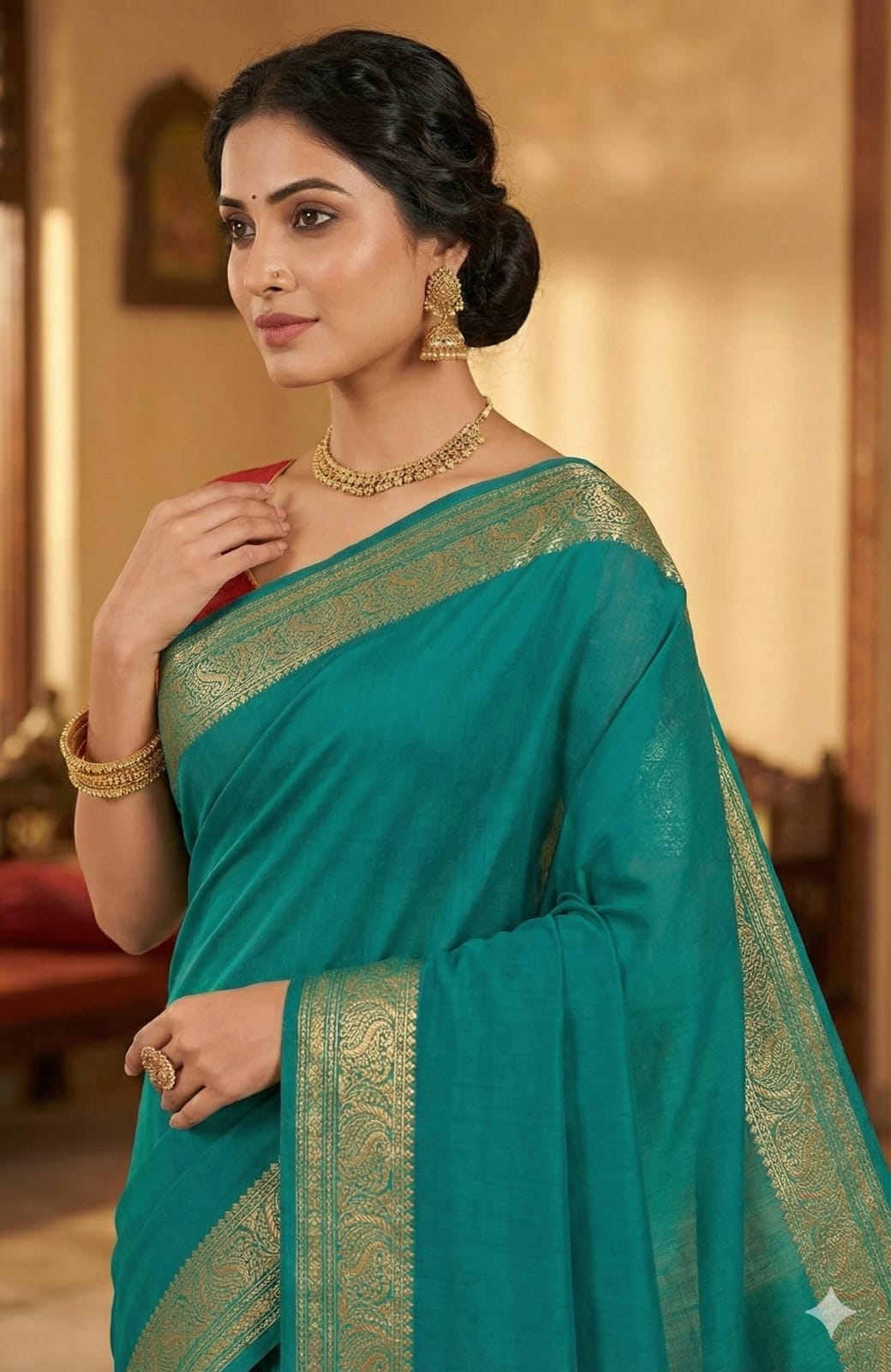 Elegant Weaves Teal and Red Silk Saree with Golden Border