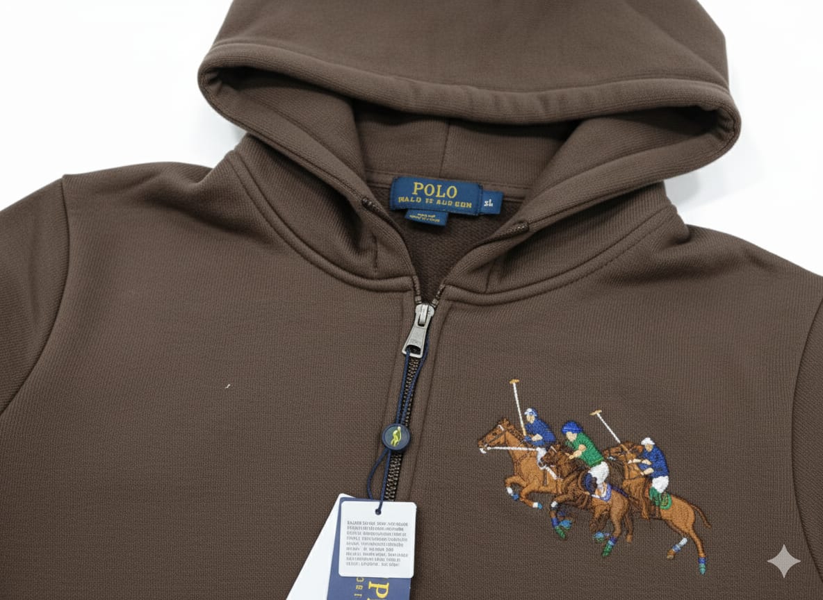 Polo Ralph Lauren Brown Zip-Up Hoodie with Colorful Embroidery