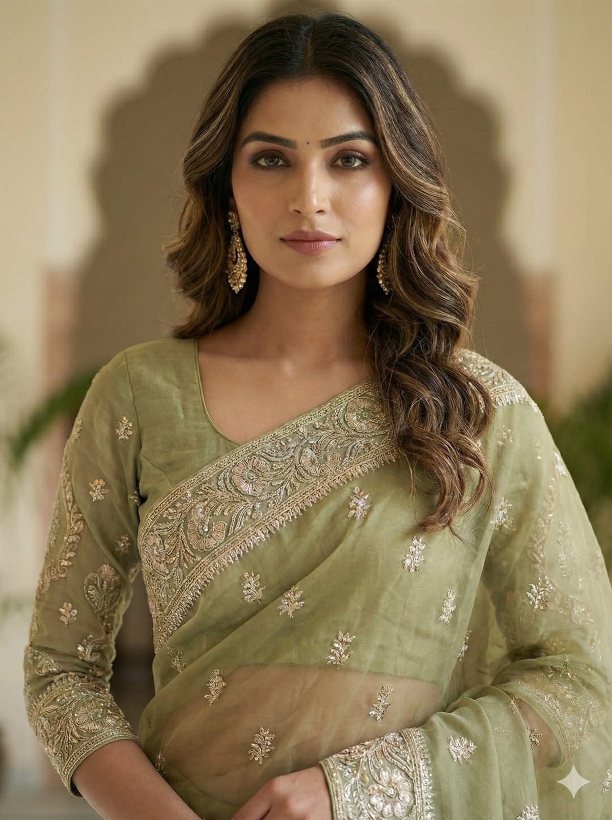 Elegant Attire Embroidered Chiffon Saree in Sage Green
