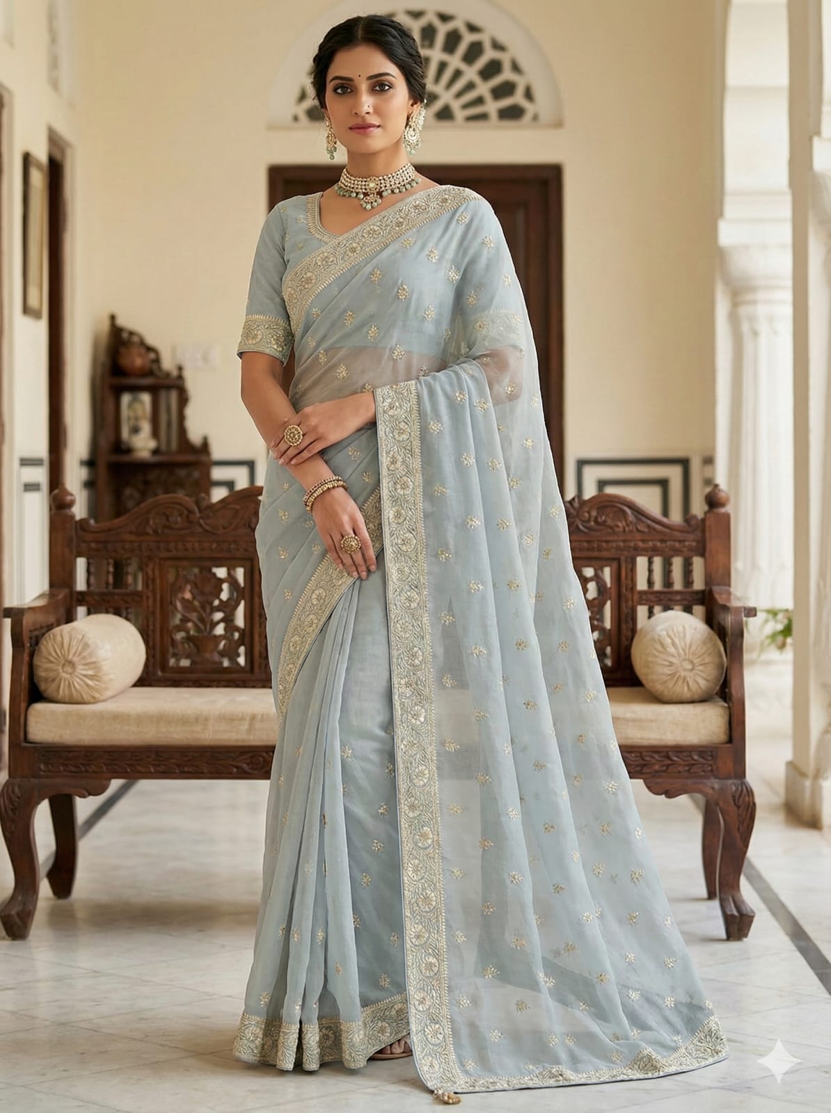 Elegant Attire Ethereal Blue Embroidered Saree with Sequined Blouse
