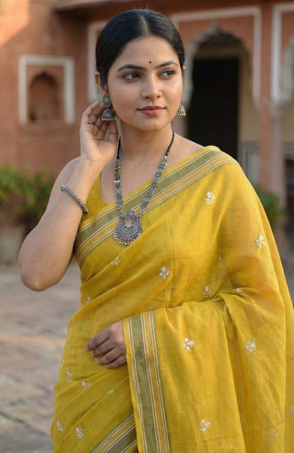 Ethnic Elegance Handcrafted Yellow Cotton Saree with Silver Embroidery