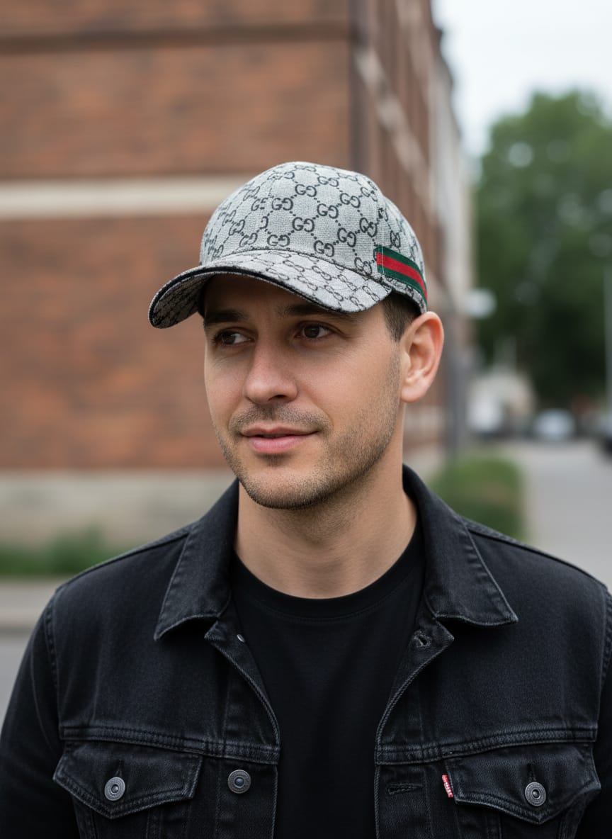 GUCCI Silver Mist Classic Monogram Baseball Cap with Signature Stripes