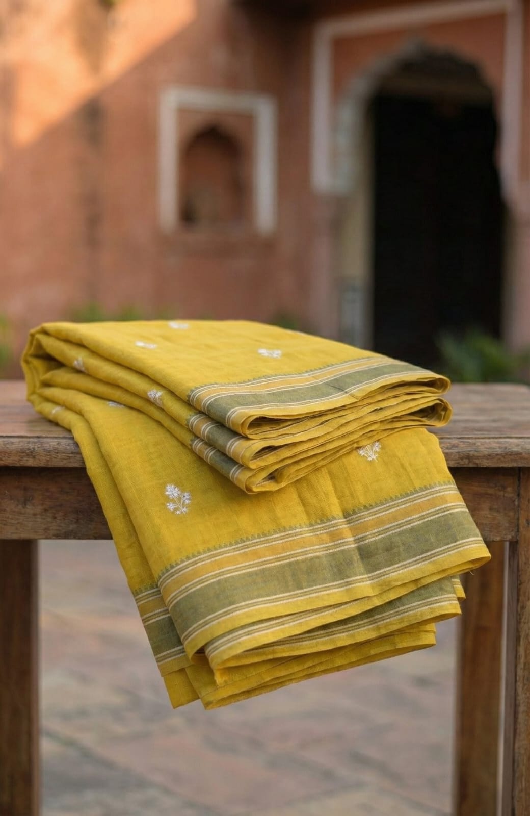 Ethnic Elegance Handcrafted Yellow Cotton Saree with Silver Embroidery