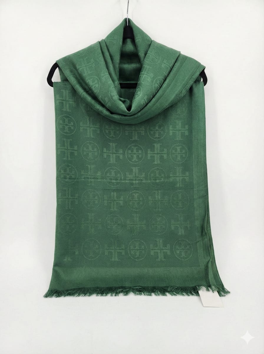Hermès Monogrammed Green Cashmere Scarf